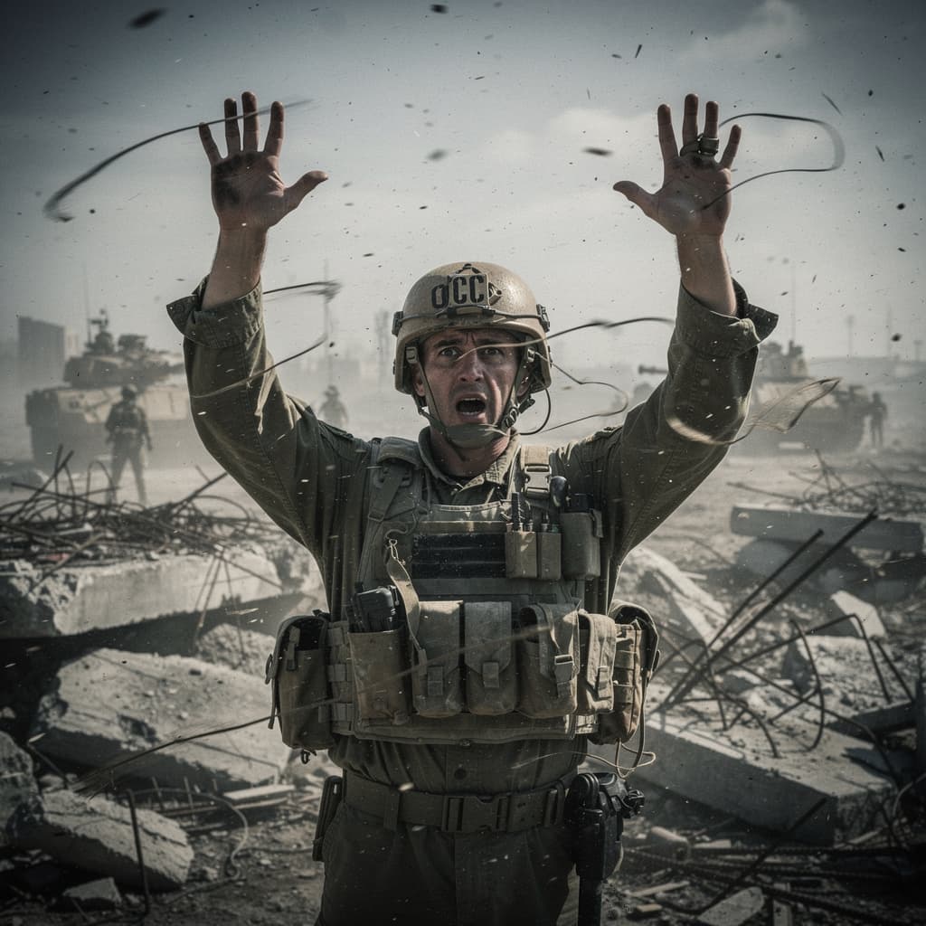 AI generated: giving up soldier  s rukami nad hlavou, place, boji sa, na prilbe ma napis OCC
a windy day, in the s...