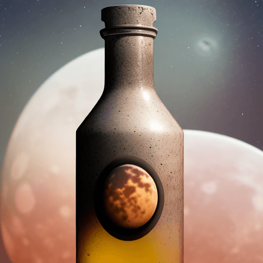 AI generated: a glowing bottle of eclipsed moon juice left in a lunar crater, product photography, hyperreal, octa...