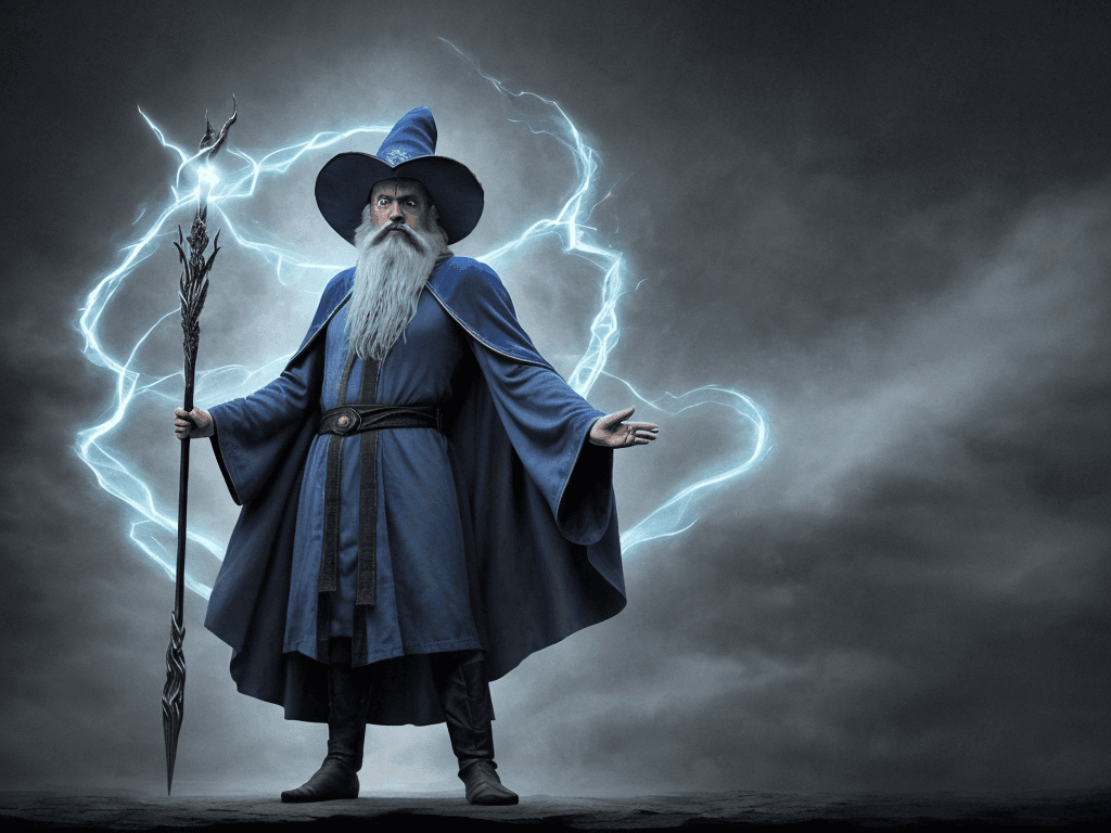 AI generated: a wizard standing in a dramatic pose, with a staff in hand, set against a dark and mystical backgrou...