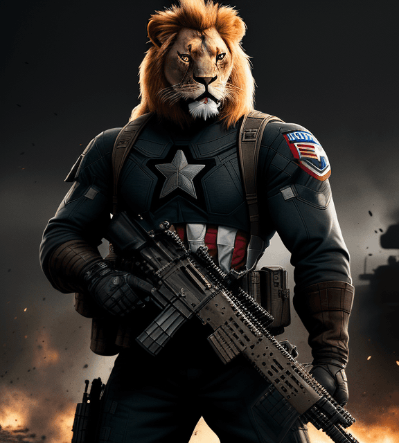 AI generated: Battle-scarred angry Captain america lion army wearing black ops uniform, holding carbine rifle, ant...