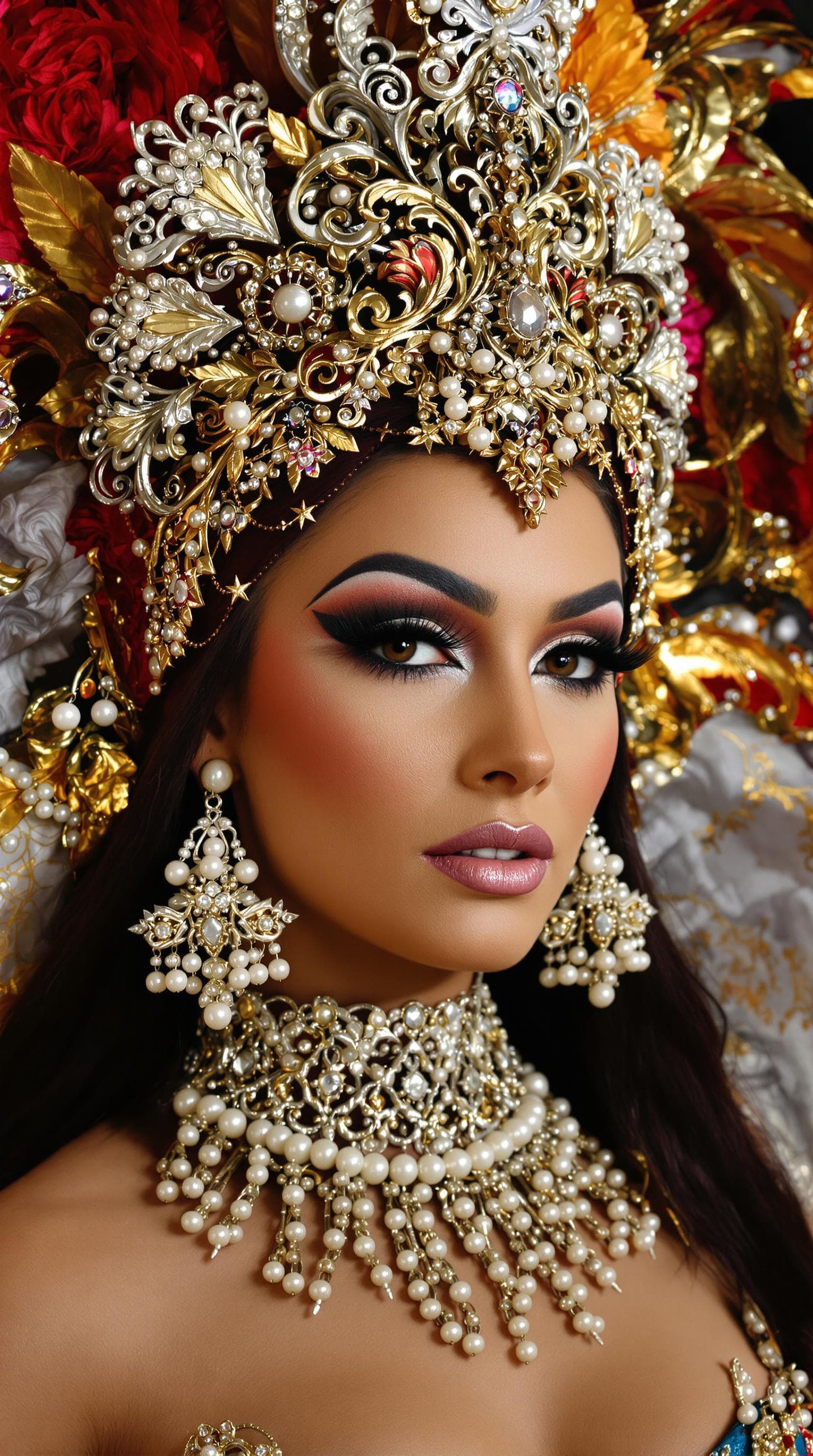 AI generated: "Image is a highly stylised portrait featuring a carnival woman dancer with a striking and elaborate...