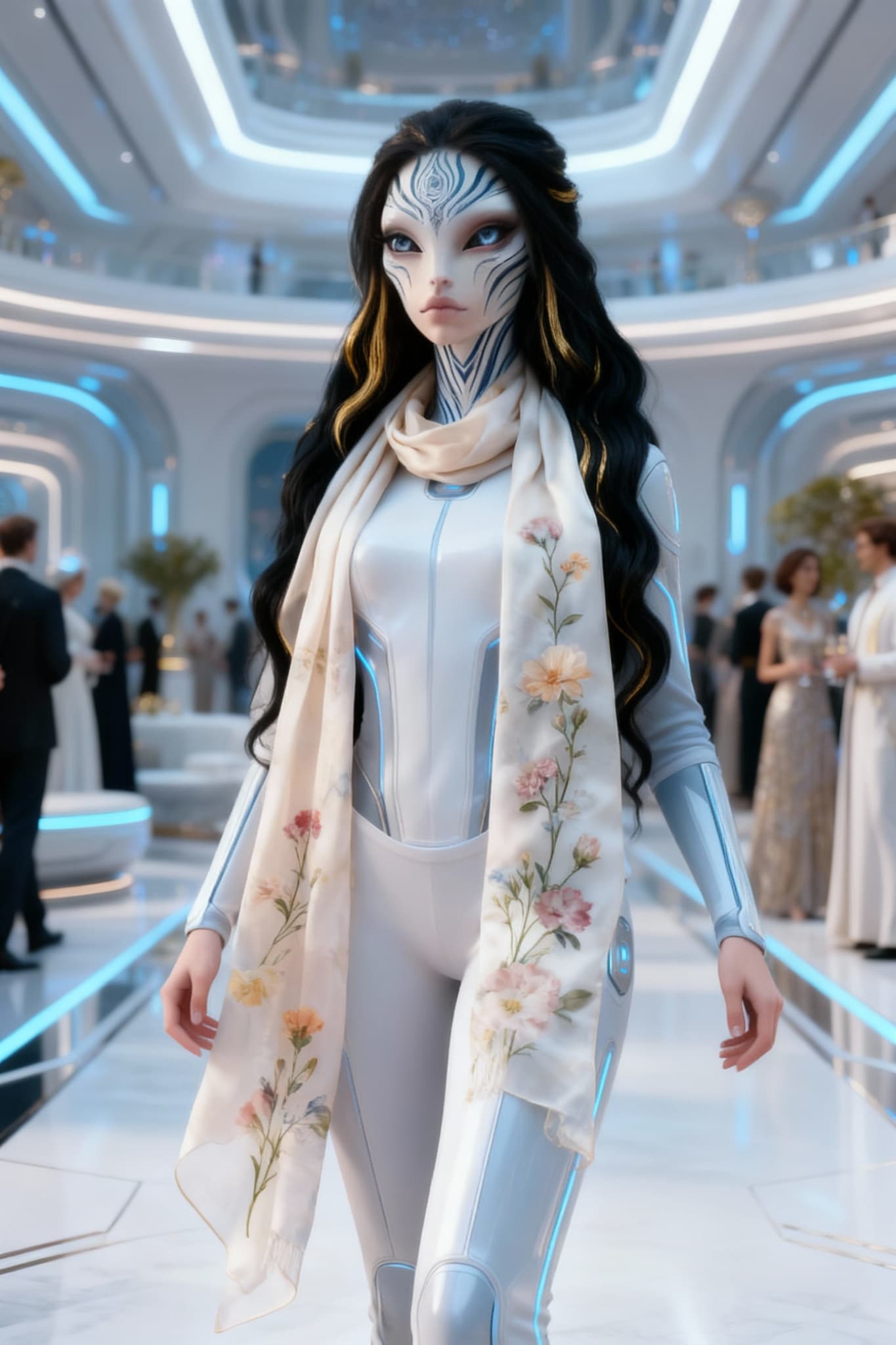 AI generated: Aevyrnian emissaries. These emissaries wear fashionable alien scarves for women that weave living sc...