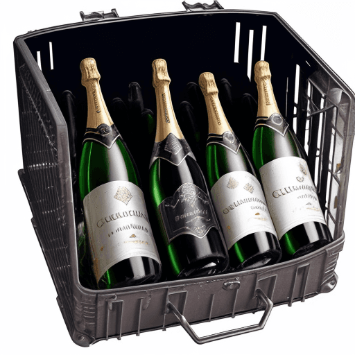 AI generated: A small transport cage with several bottles of champagne inside, which have burst and spilled their ...