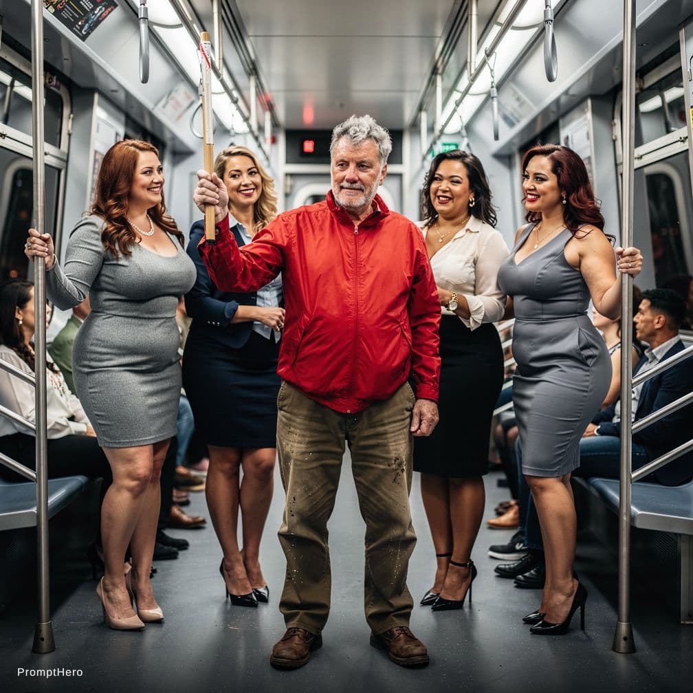 AI generated: remplace l'homme agé dans le metro par le pesronnage ne rouge dans la 2 eme image