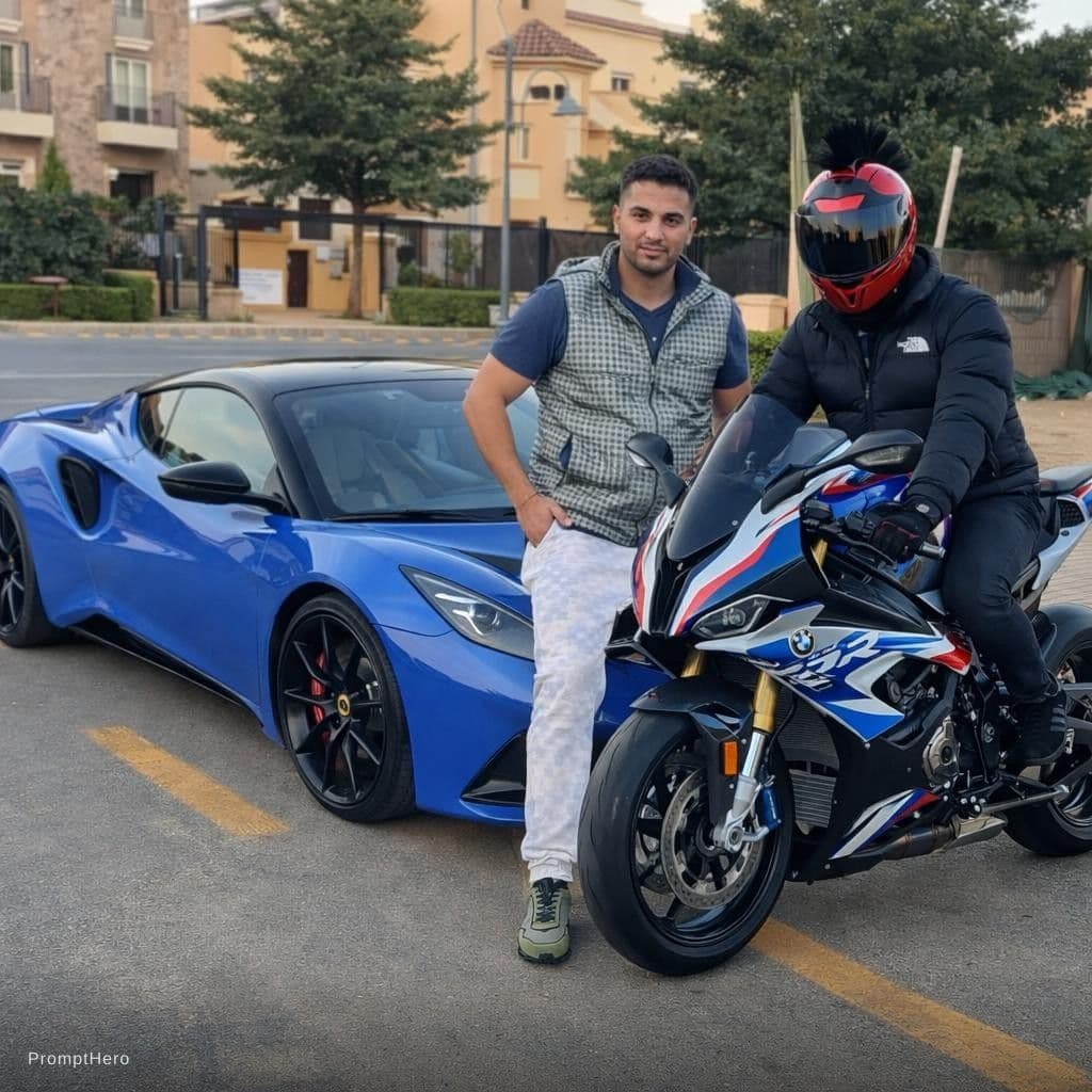 AI generated: Merge the bike and the biker beside the car, let the man looks at the camera