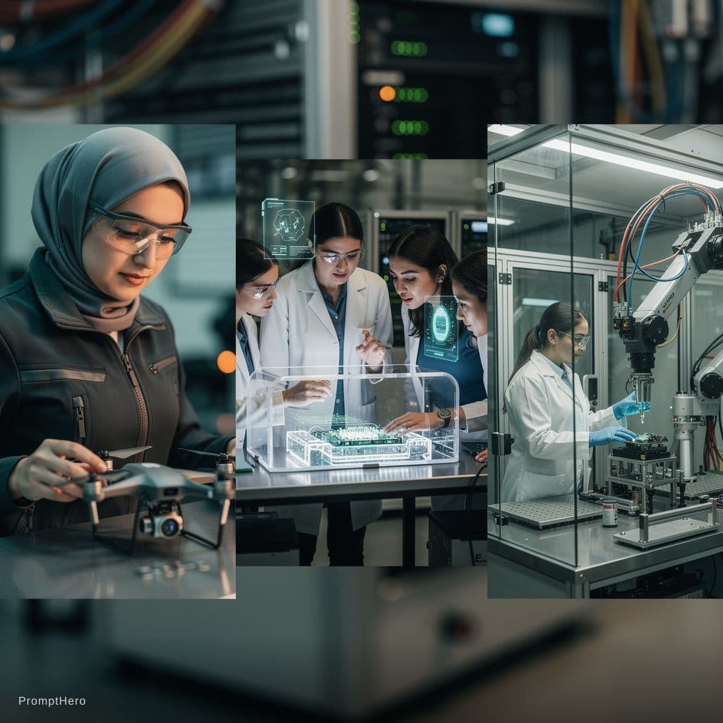 AI generated: "A high-end cinematic collage of modern Turkish women working in a high-tech industrial environment....