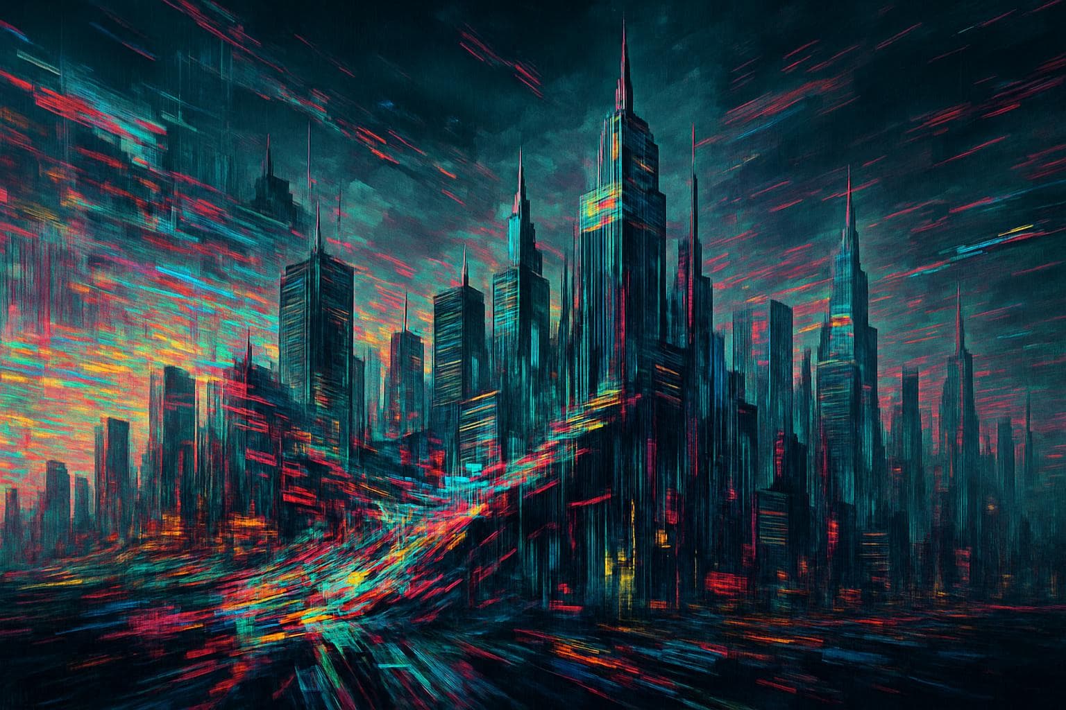 AI generated: A futuristic city skyline unraveling into glitch fragments, buildings melting into digital distortio...