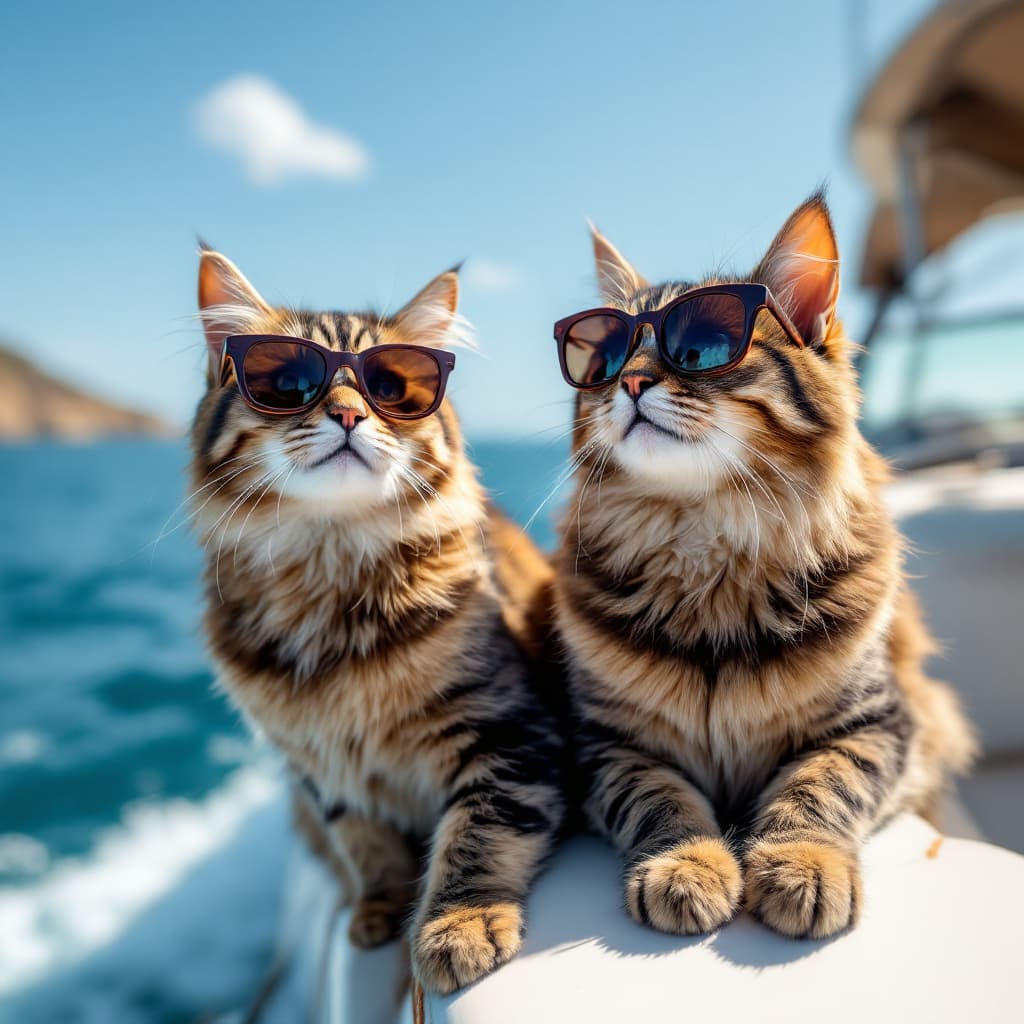AI generated: a male and female cat on a boat cruise with dark brown shades having so much fun