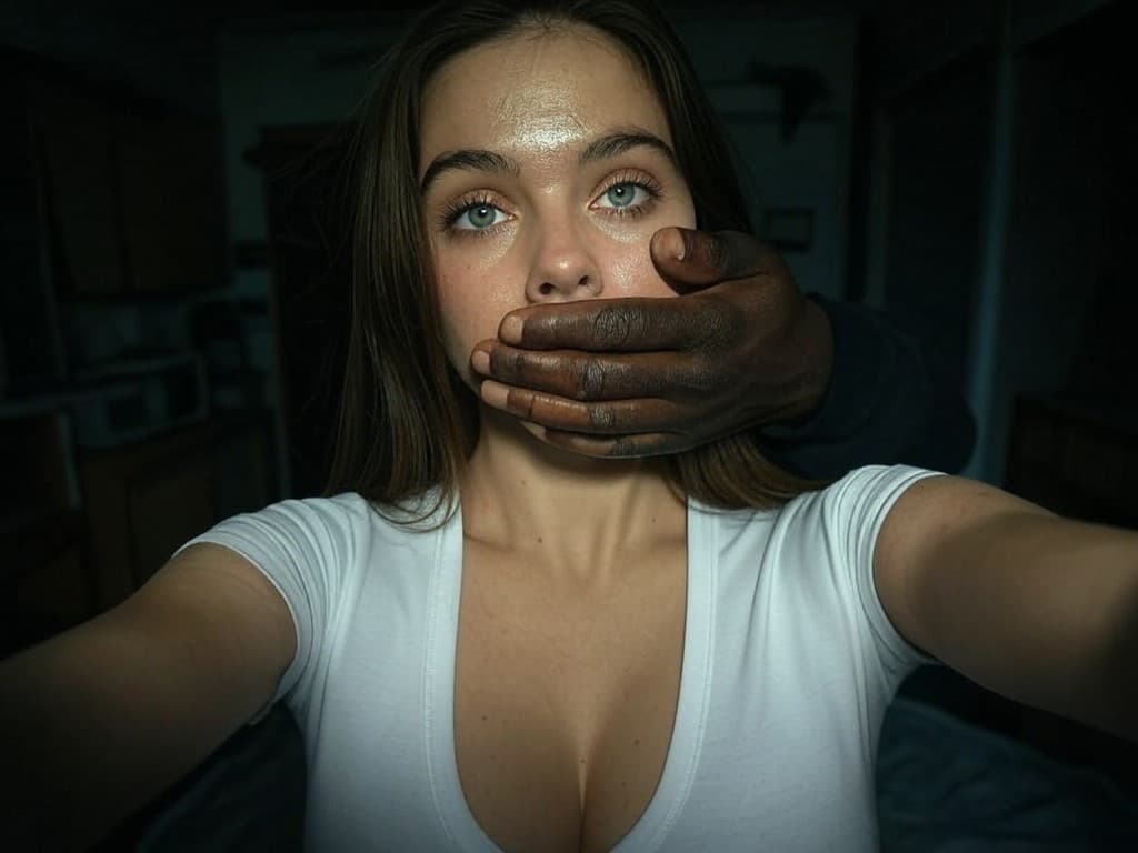 AI generated: A woman with light blue eyes and long brunette hair stands in a dimly lit apartment at night, her pe...
