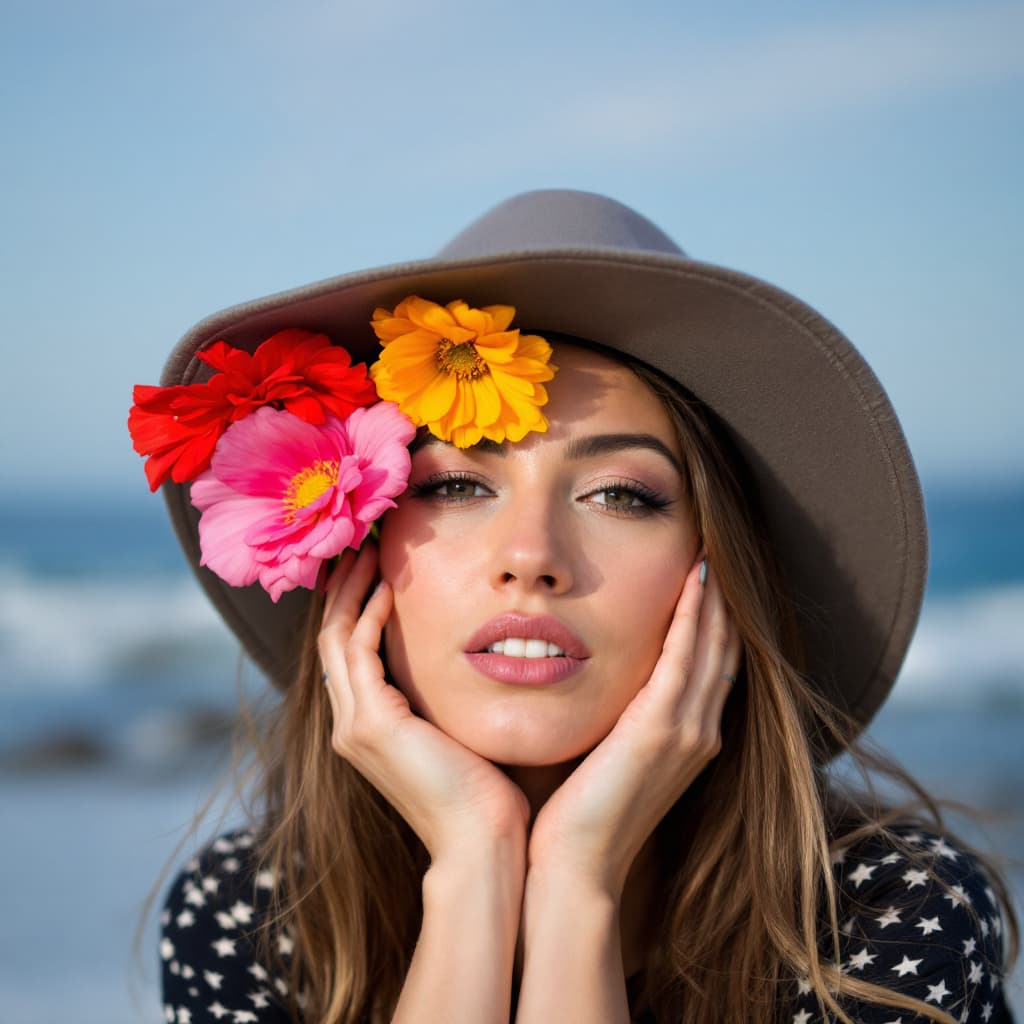 AI generated: a woman with a cap and colorful flower