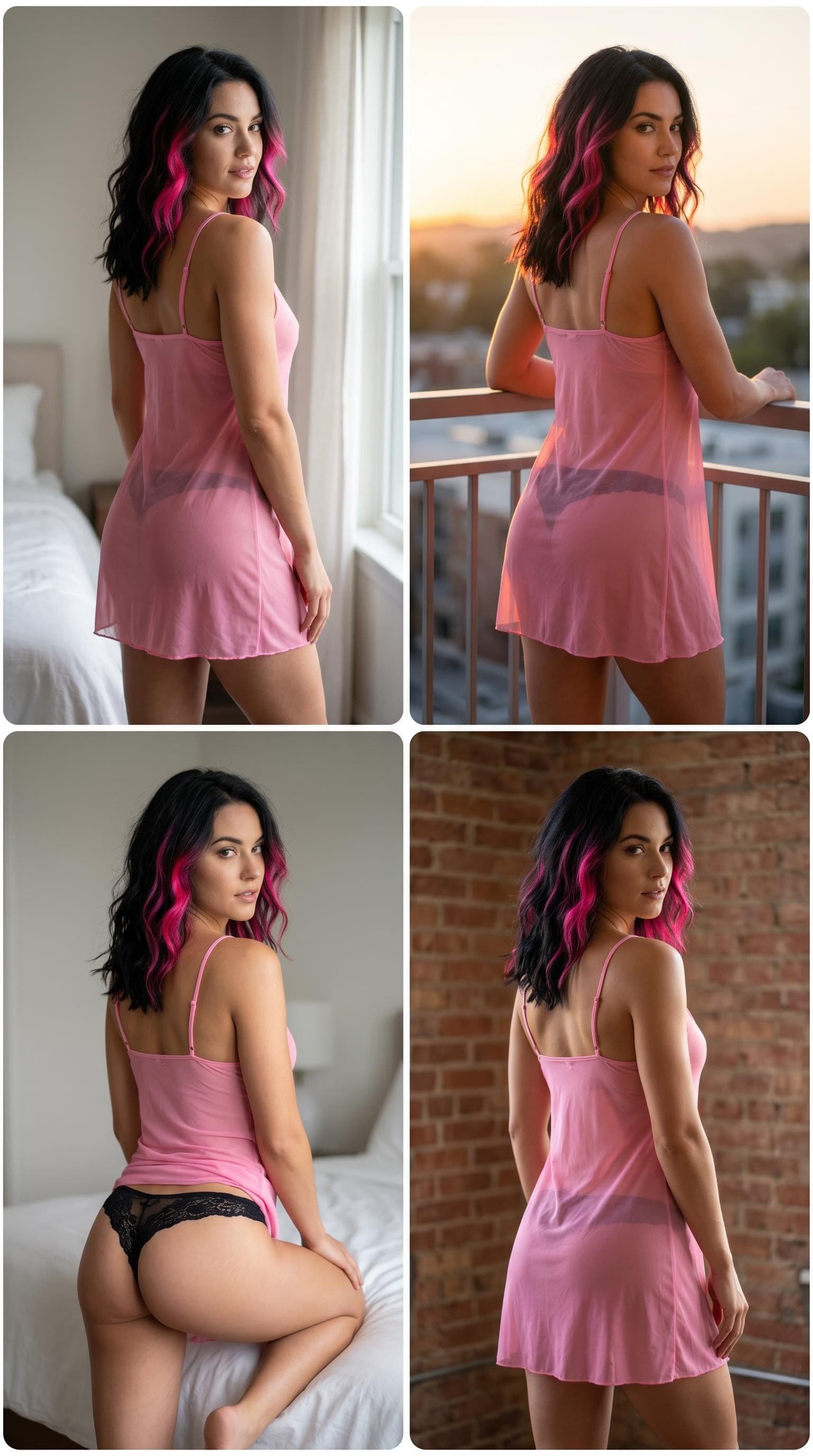 AI generated: A collage of realistic, extremely detailed, high-resolution photos of a fit and toned, American fema...