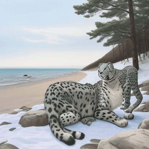 AI generated: children's camp on the seashore with  snow leopard
