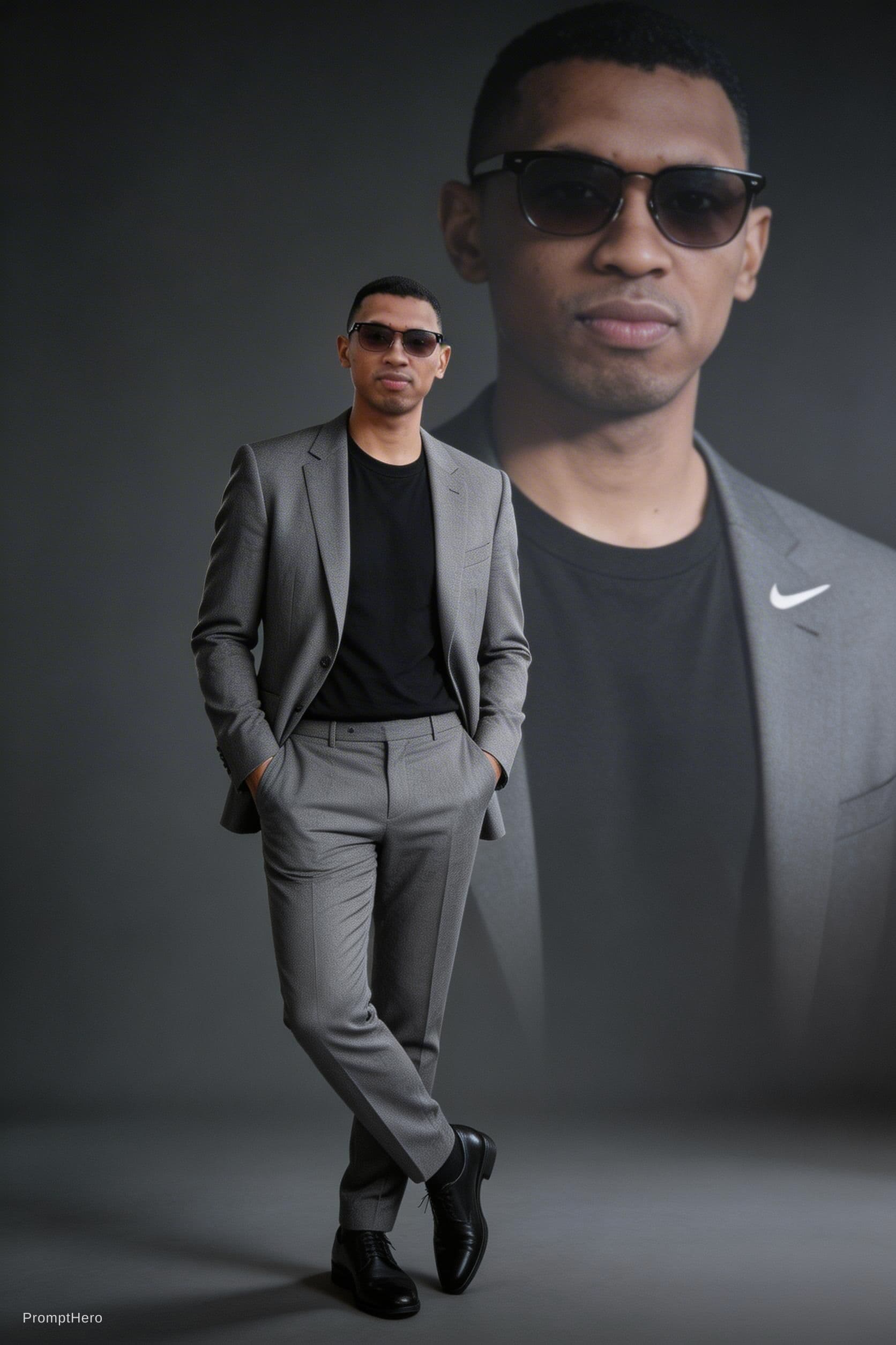 AI generated: "A stylish young man wearing a modern slim-fit grey suit with a black t-shirt inside, standing confi...