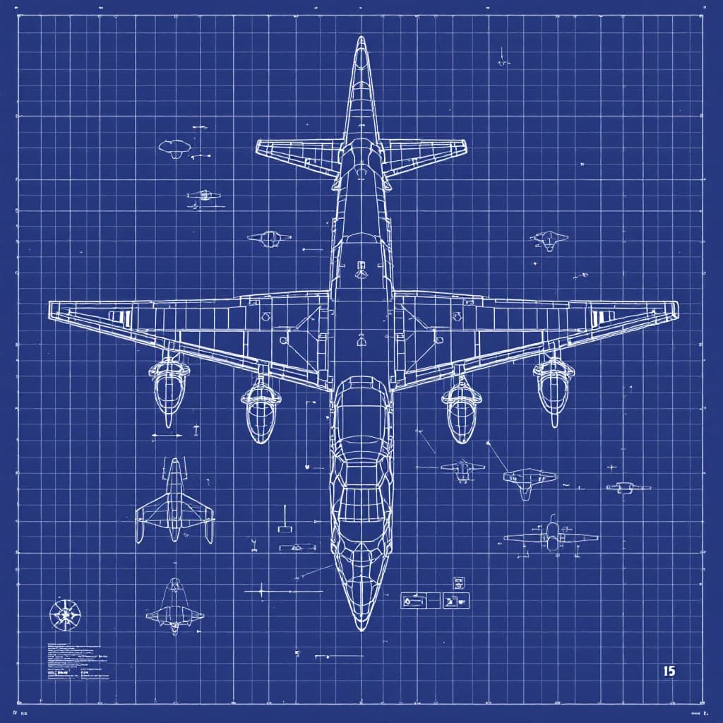 AI generated: 15.	“A blueprint for an AC-130 Gunship, high-res, blueprint grid as background”
