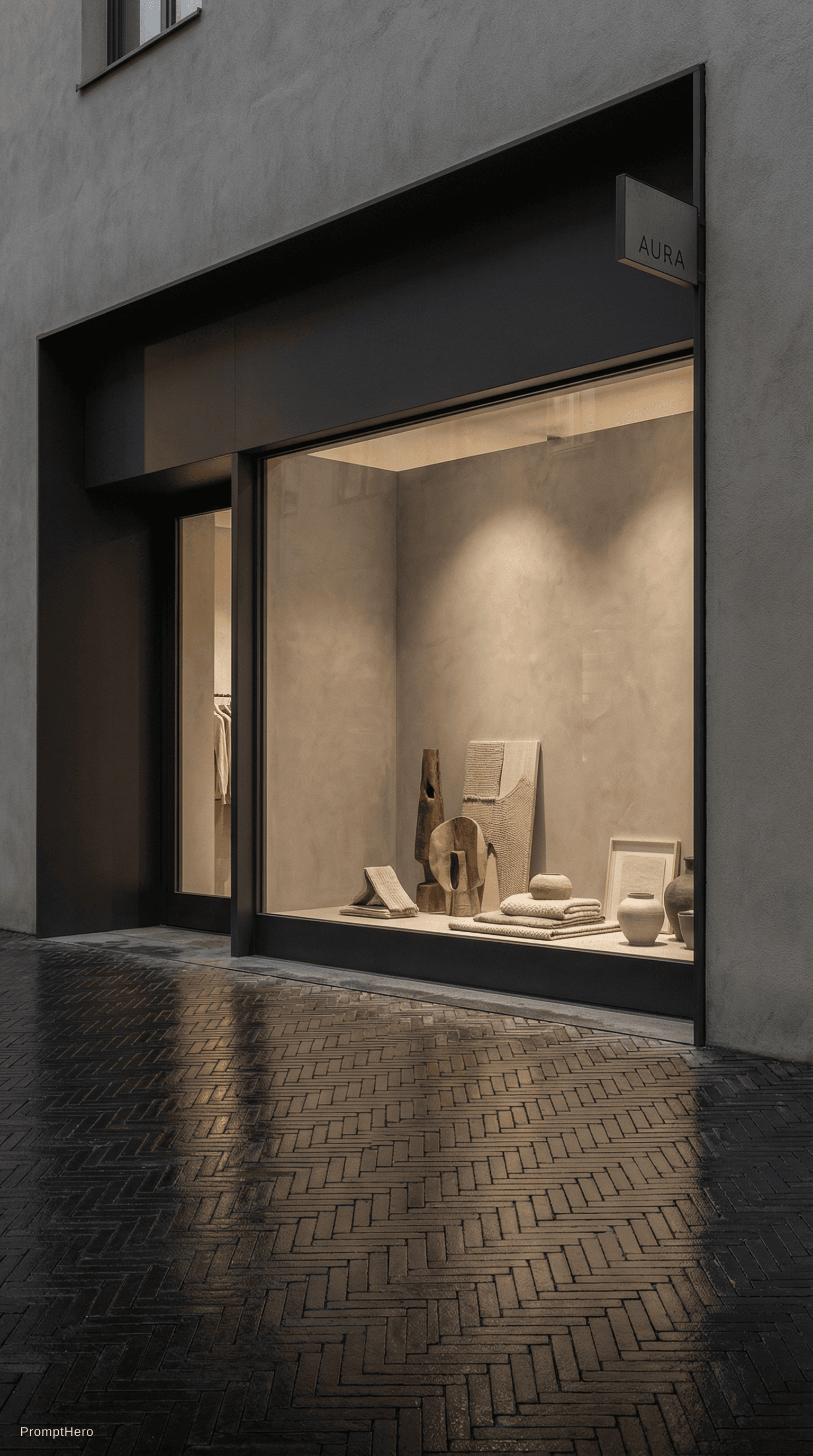 AI generated: minimalist store exterior, at dusk, the architecture should feature clean lines with a sophisticated...