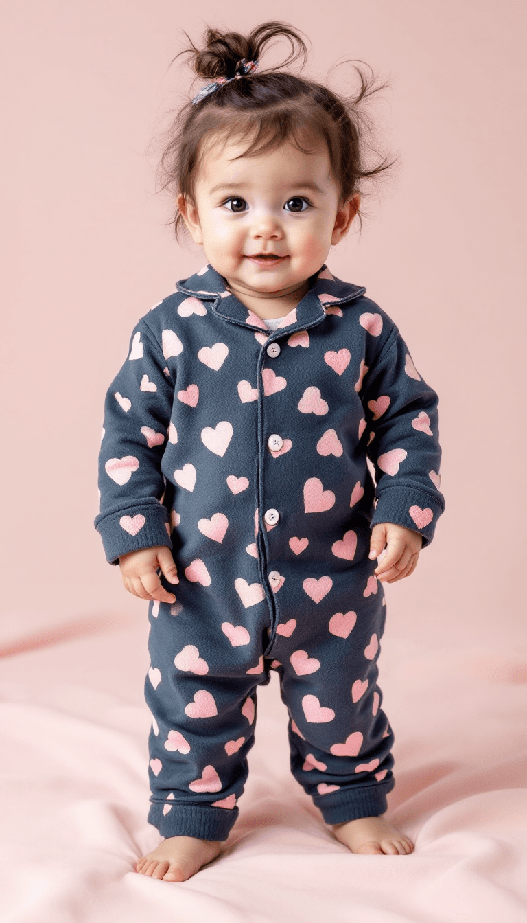 AI generated: A baby girl dressed in standing pajamas background "with love"