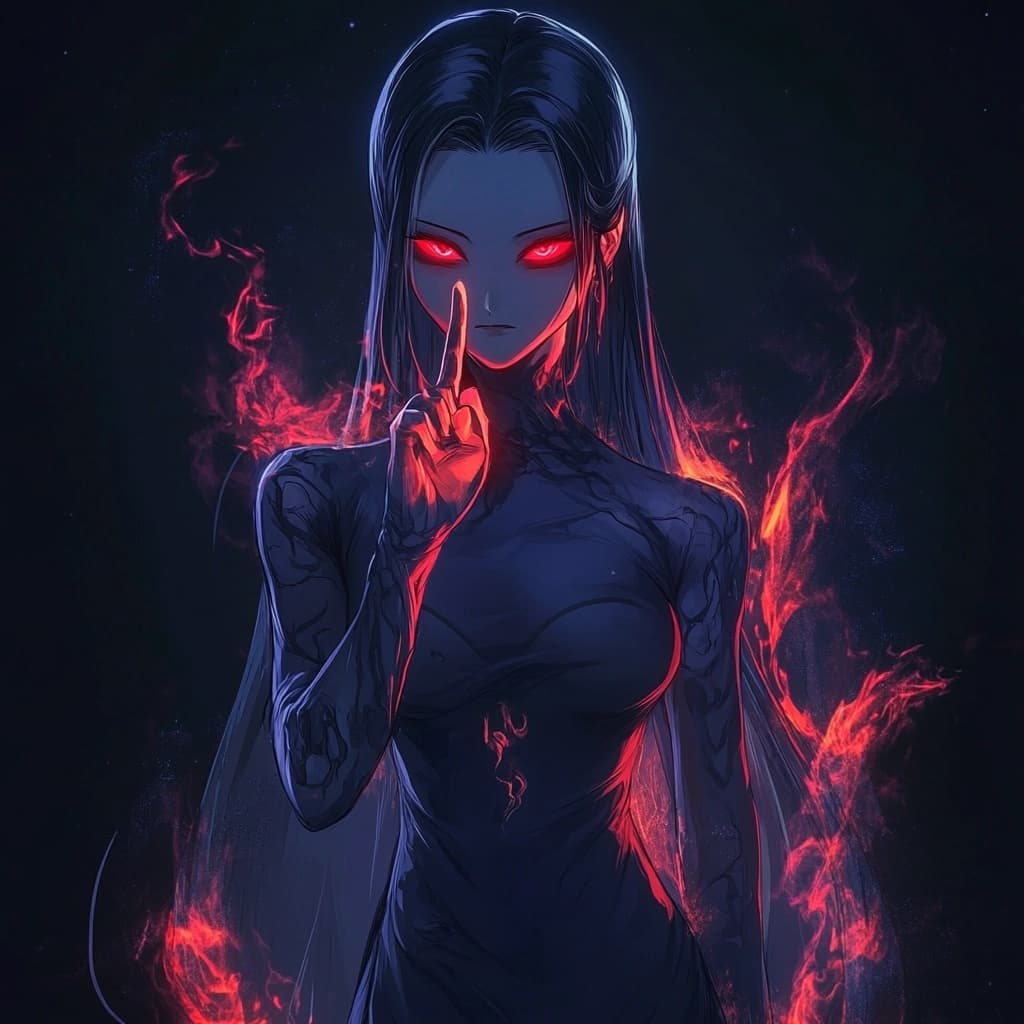 AI generated: https://s.mj.run/s6m4cu5zOBw Digital art, anime style, full body shot of a mysterious woman with lon...