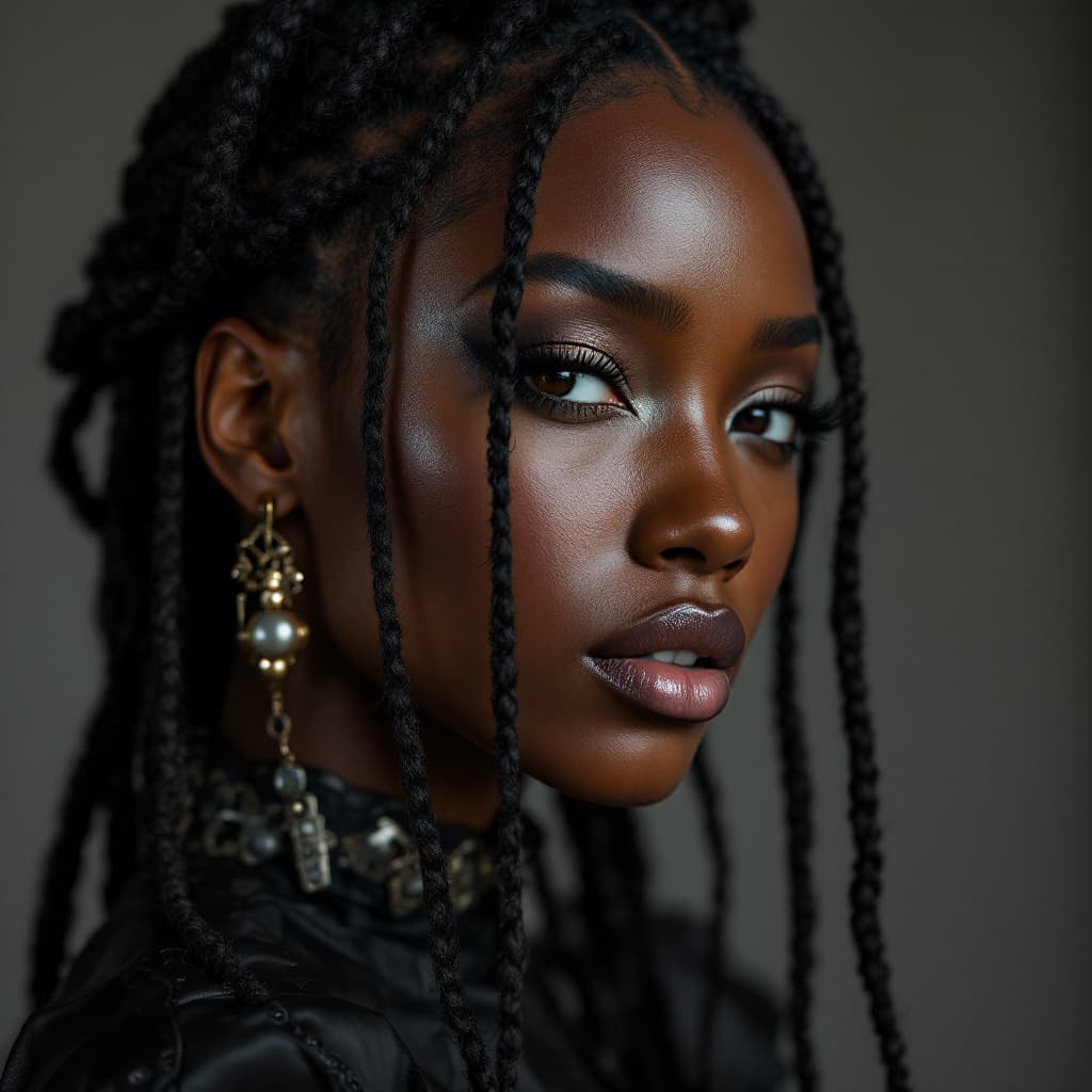 AI generated: ULTRA REALISTIC BLACK FEMALE WITH HAIR braids in eccentric style FOR HAIR COMPANY ad
