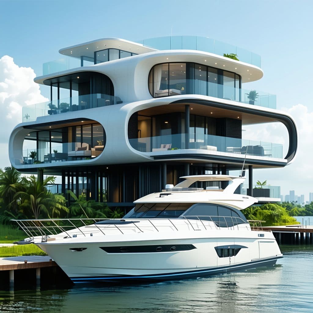 AI generated: a closeup of a futuristic multi story home on stilts in the water with a sport fish boat to feet lon...