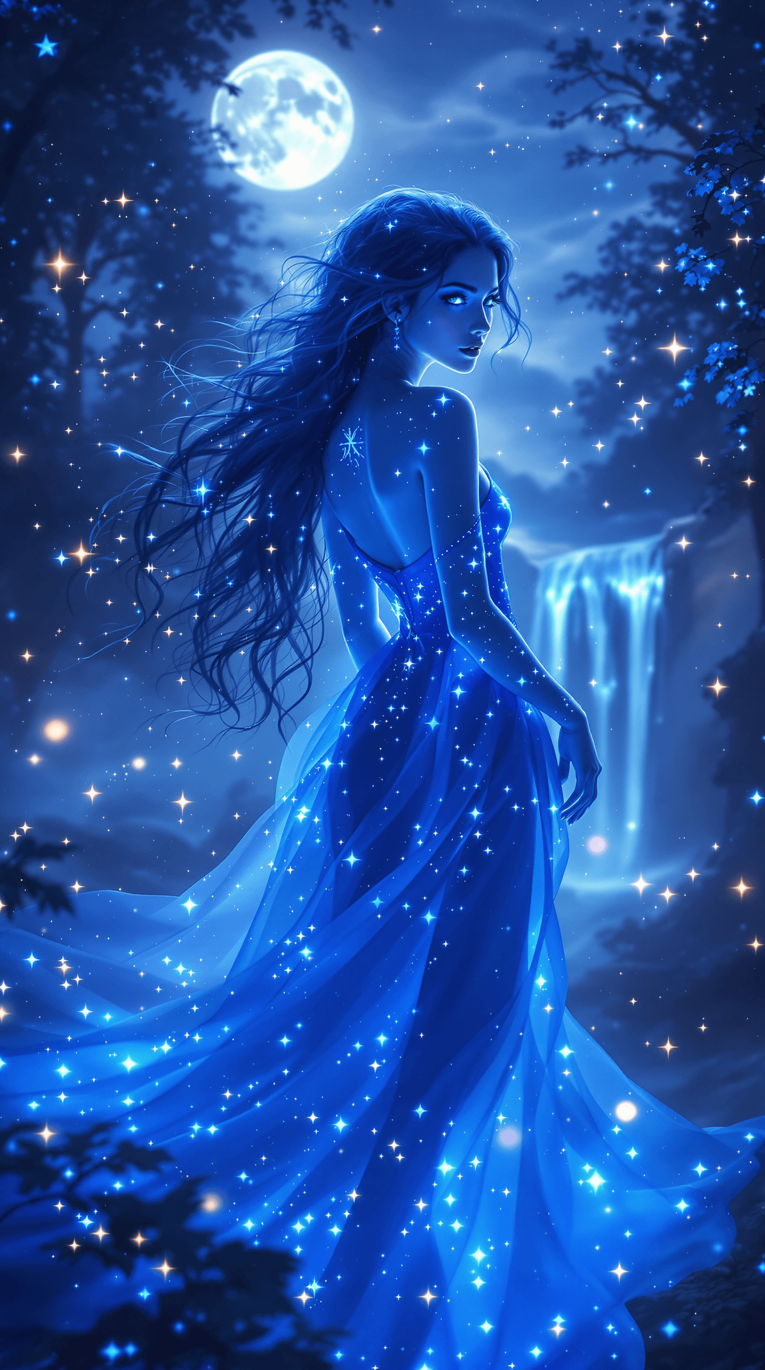 AI generated: A breathtakingly enchanting woman stands bathed in ethereal blue light, surrounded by the mystical g...