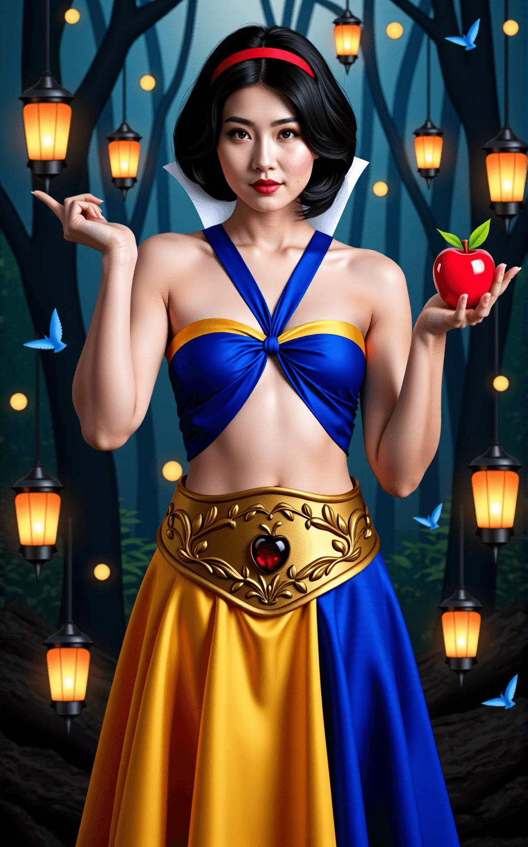 AI generated: Fair and gentle young woman with short dark black hair with a red headband, porcelain pale skin and ...
