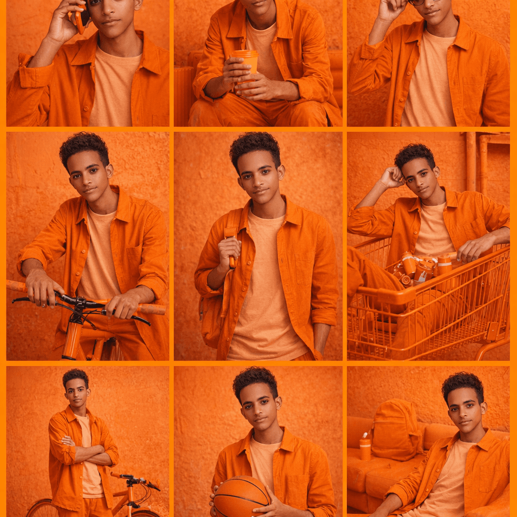 AI generated: A collage of 9 editorial-style photos with an orange color theme. The background, all objects, items...