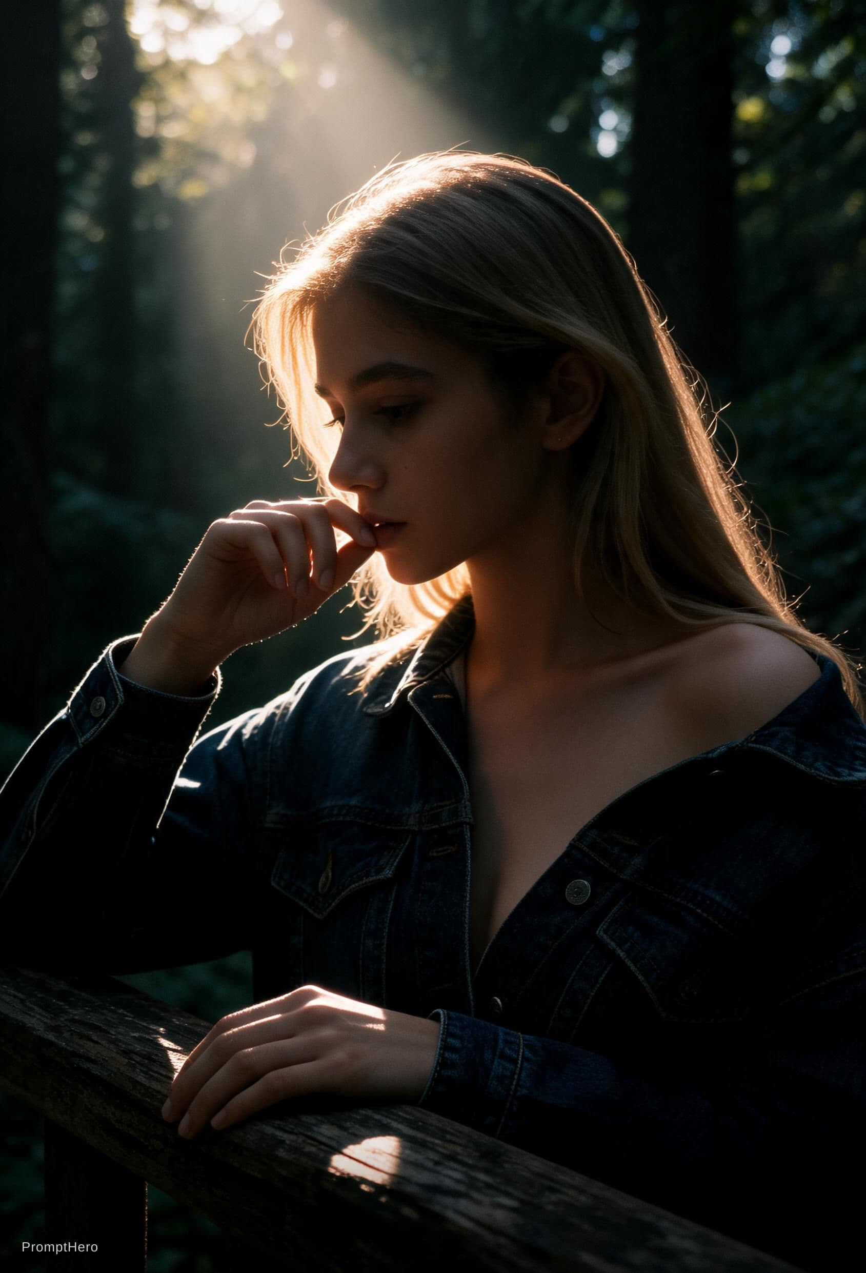 AI generated: A cinematic, photorealistic portrait of a woman in a contemplative pose, captured in dramatic chiaro...