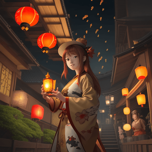 AI generated: a young lady with lanterns and koi fish, in the style of dynamic anime, light brown and red, festive...