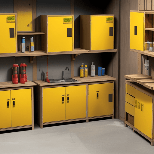 AI generated: a carpentry shop with an area where there are two separate safety cabinets, for chemical products, c...