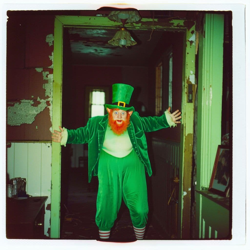 AI generated: grainy 80's photograph quality polaroid of a leprechaun caught in an abandoned house