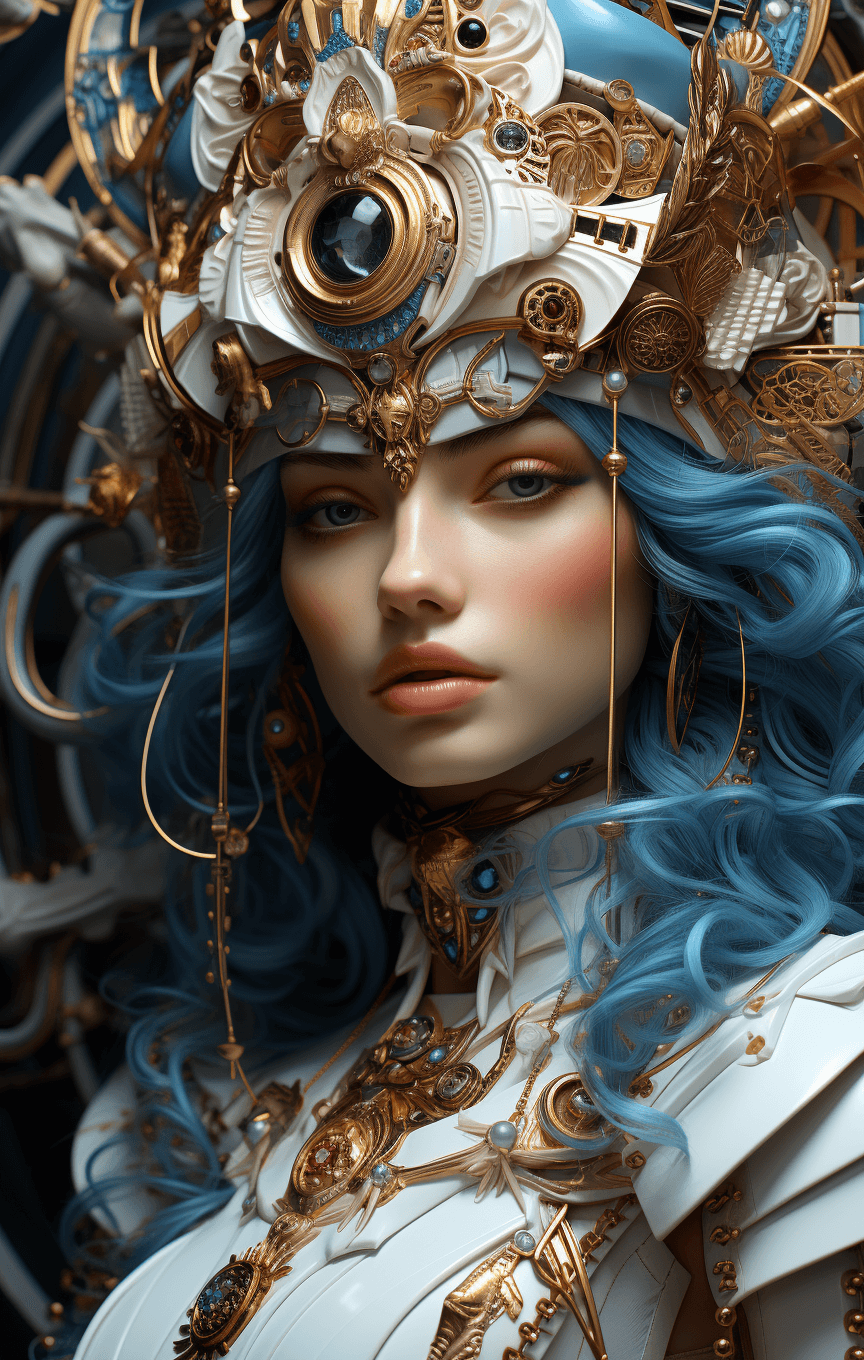 AI generated: sarah morgan a steampunk steampunk character, in the style of light gray and light blue, hyper-detai...