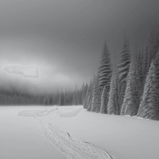 AI generated: A snowy treeline in the north. Overcast, cold haze, a fox trail in the snow, artistic drawing, monoc...