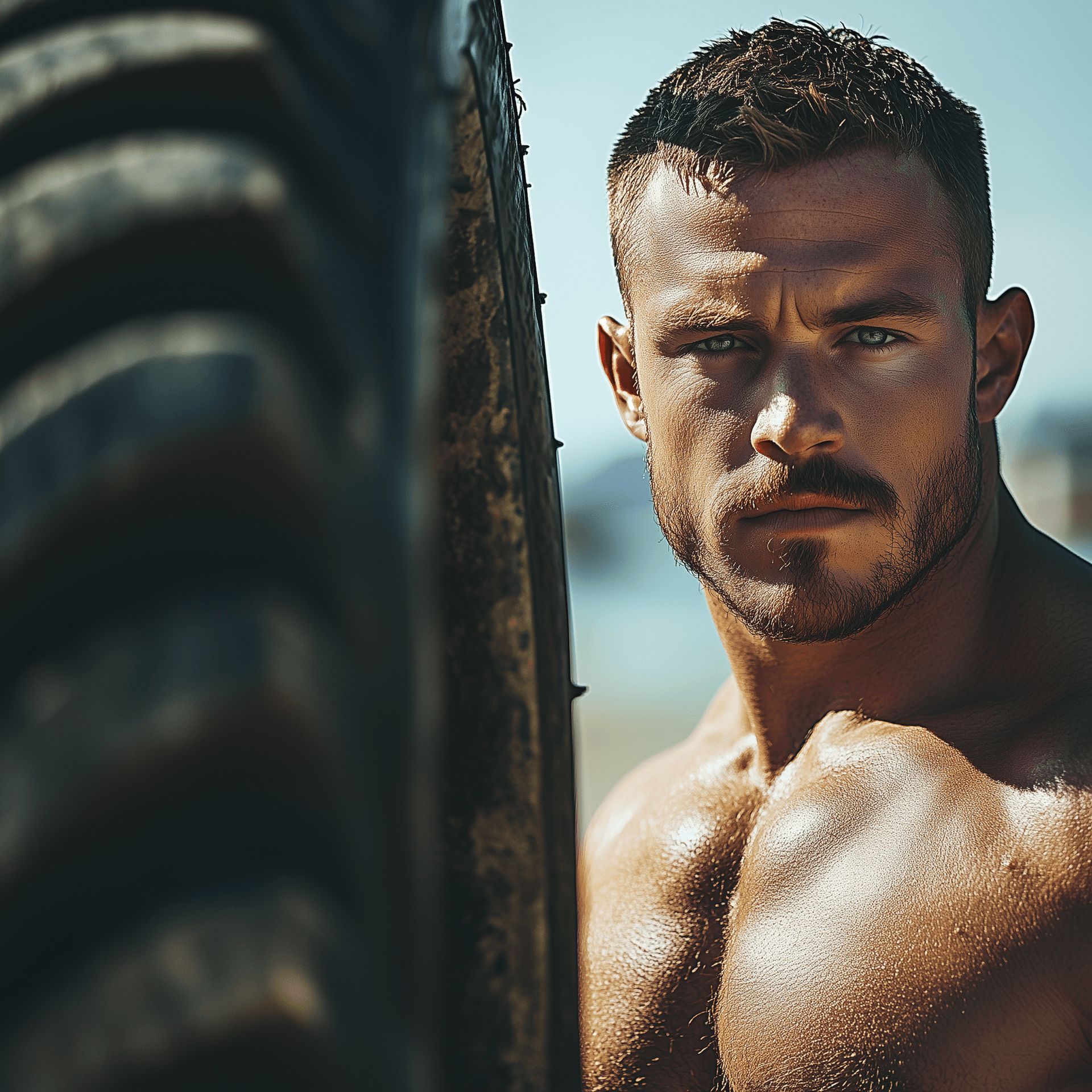 AI generated: A handsome, muscular man with short hair and a mustache, wearing jeans, abs, fit, stands next to an ...