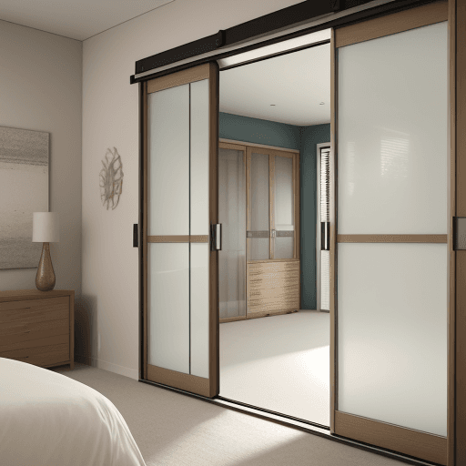 AI generated: frontal shot of double glass sliding doors, open an leading to a bedroom