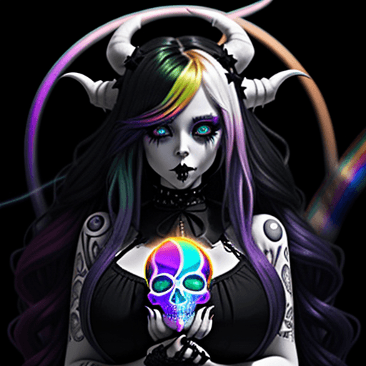 AI generated: Gorgeous demon girl with long rainbow hair, curvy body, black gothic style clothing, holding a glowi...