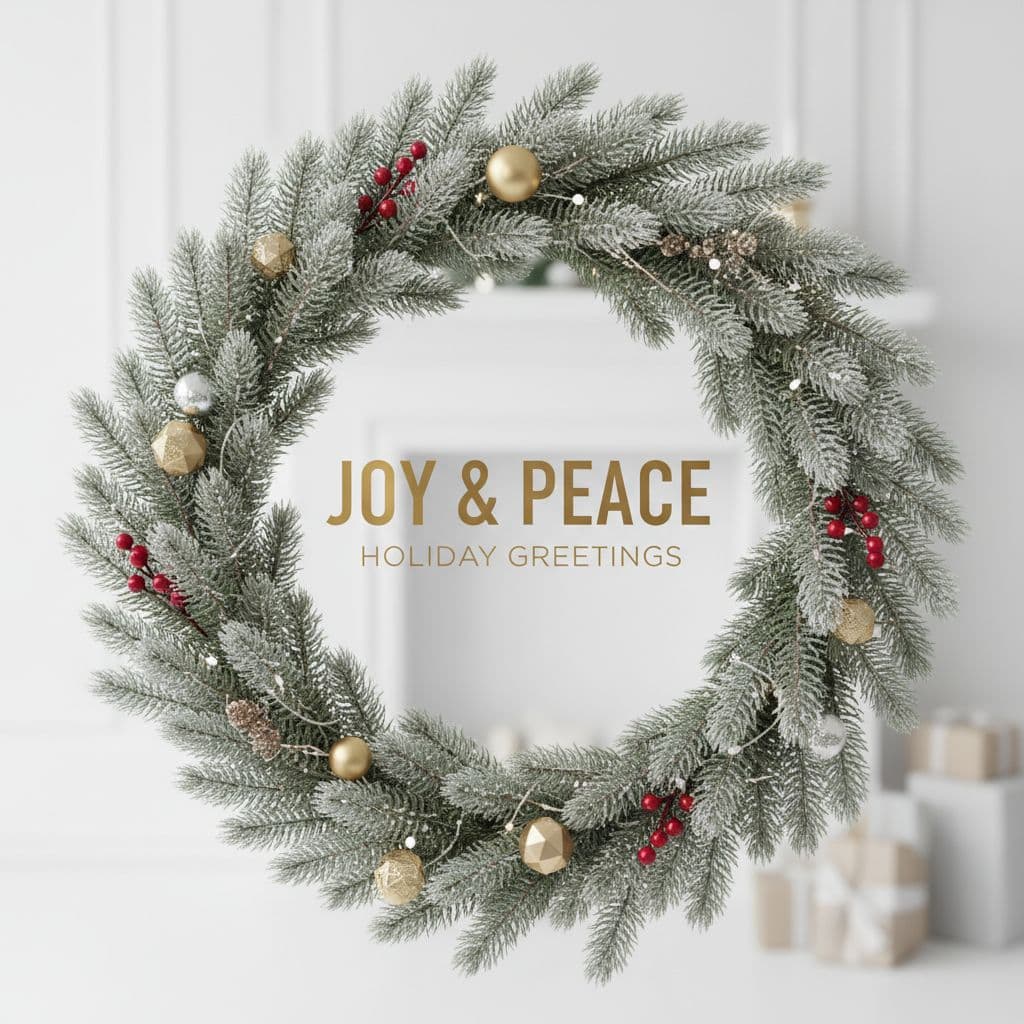 AI generated: Christmas wreath framing text, font in Raleway Bold, clean modern look.