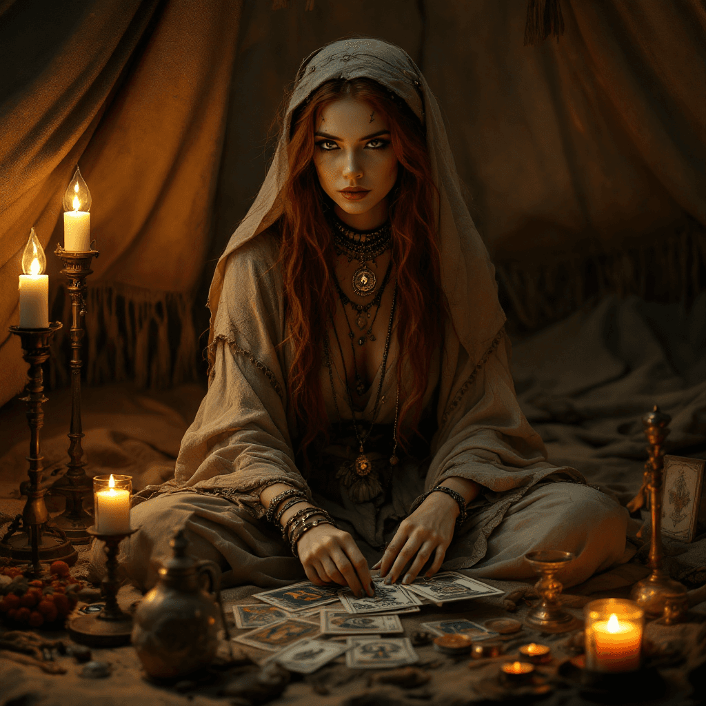 AI generated: The Tarot Reader of the Whispering Sands: An enigmatic seer with long, dark auburn hair, often hidde...