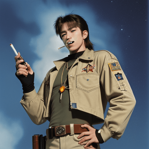 AI generated: A 90s anime space-cowboy with a revolver in hand and cigarette in mouth, wearing military com-tacs o...