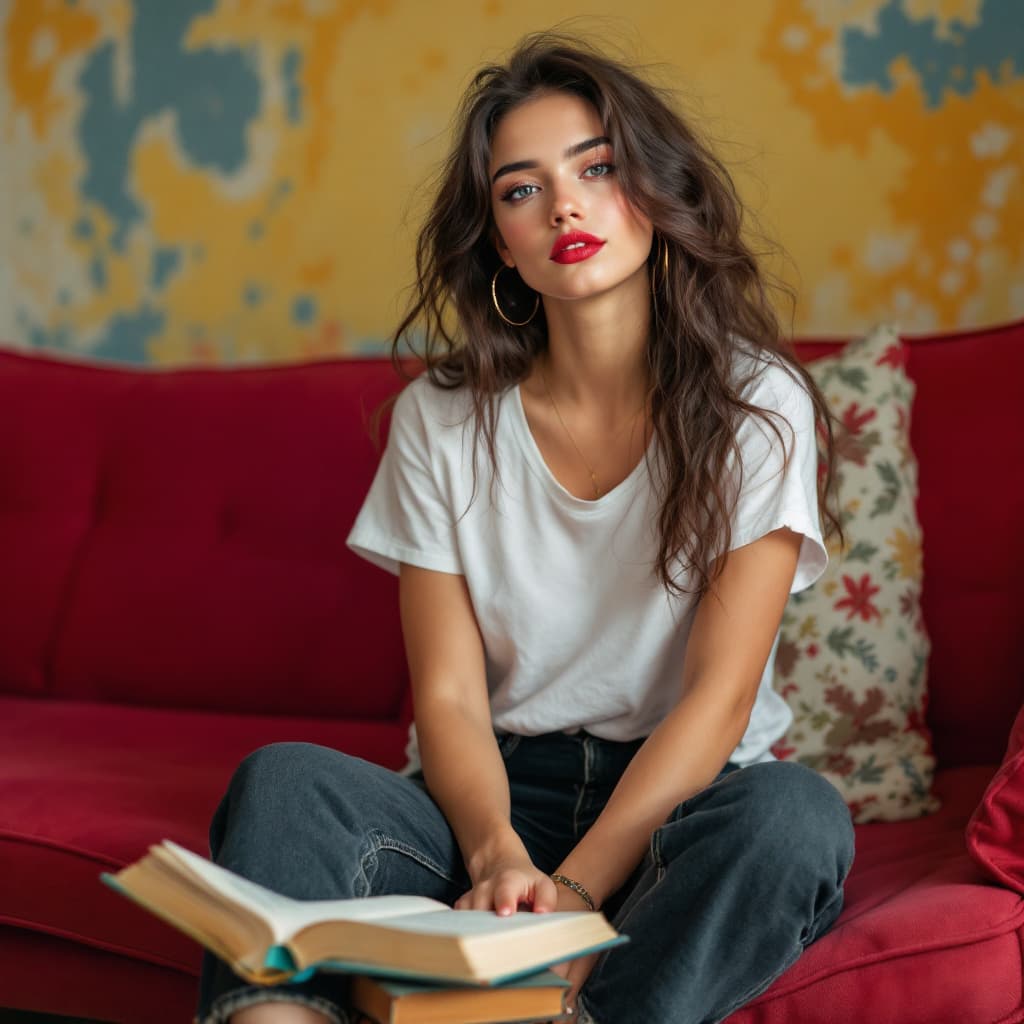 AI generated: Create a Women with Blue eyes and red lips. She is 20 years old and has a white t-Shirt and a black ...