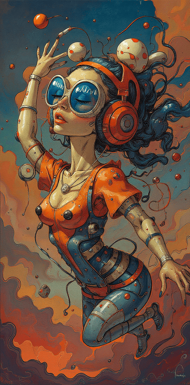 AI generated: People flying in their dream, with a futuristic-looking face, in the style of fantastical contraptio...