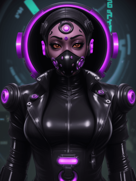 AI generated: Octoling, hypnosis, dark skin, latex, facemask, female, high tech, cyberpunk