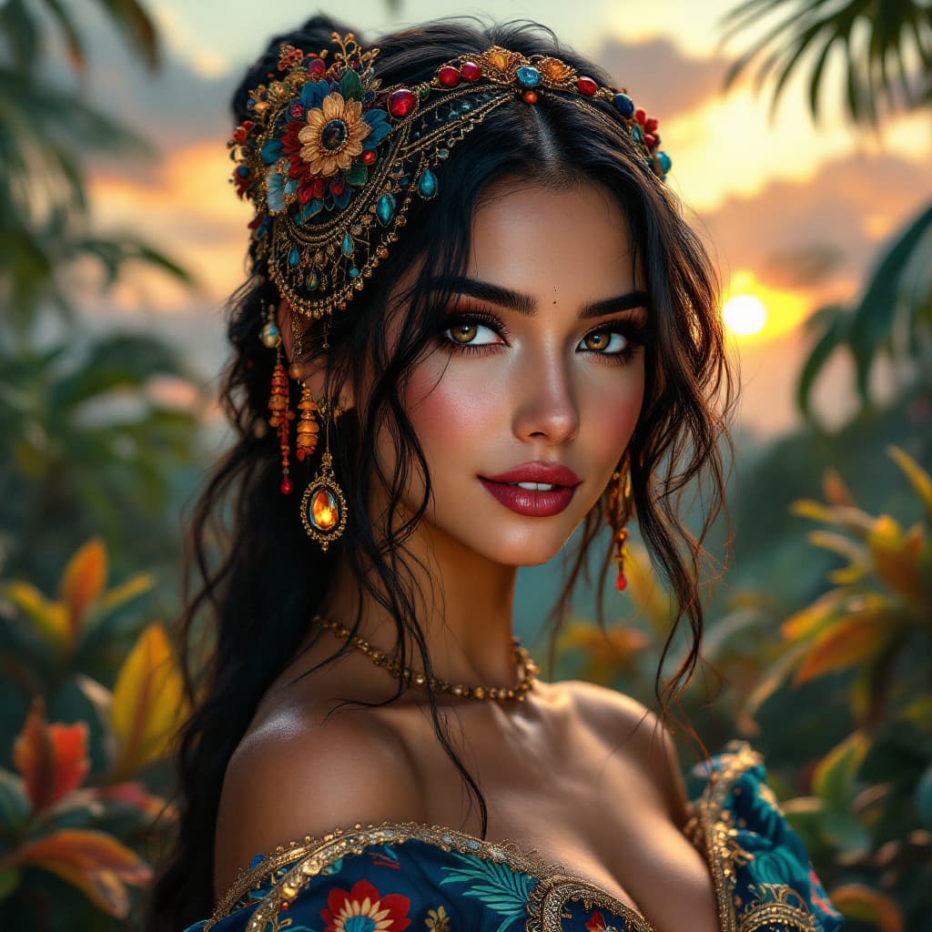 AI generated: An alluring portrait of an exotic beauty with dark,
mysterious eyes, raven-black hair cascading down...