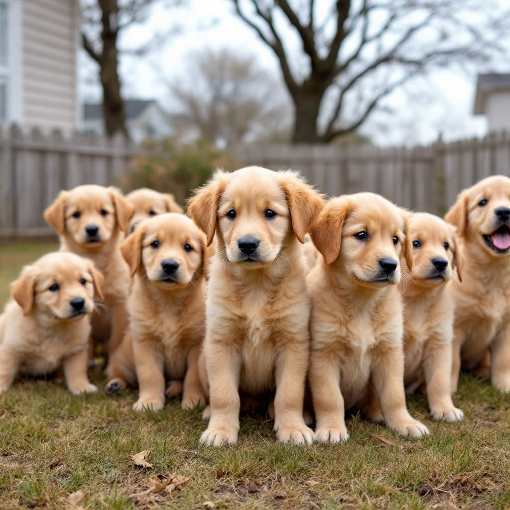 AI generated: a gaggle of golden retriever puppies in the backyard
 
