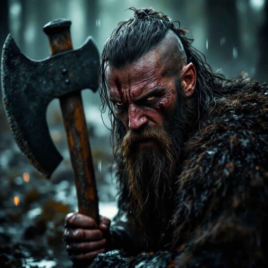 AI generated: A viking warrior king on his way to valhalla :: dark warpaint :: scruffy black beard :: angry expres...
