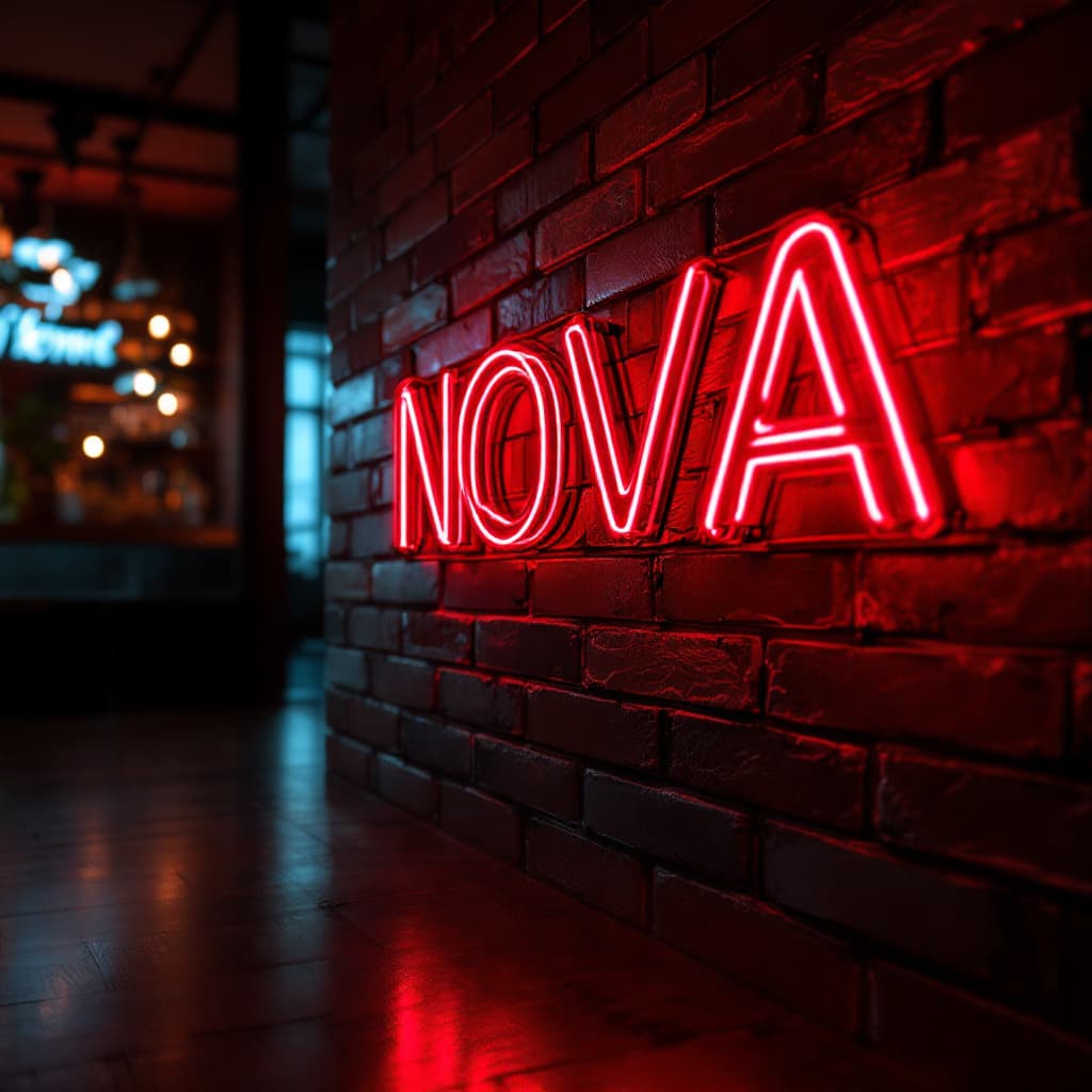 AI generated: hyper realistic red led tube writing in a bar with brick tiles slanted from the side with the text -...