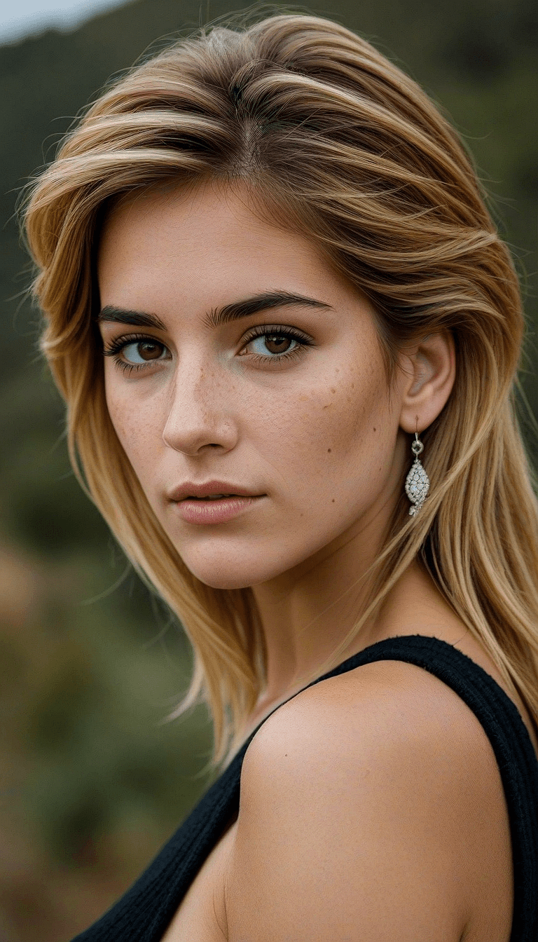 AI generated: A portrait of a young woman with sun-kissed blonde wavy hair and light hazel eyes. She has a clear c...