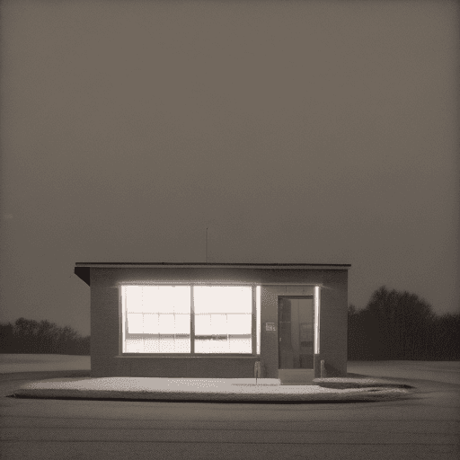 AI generated: A small empty office building in the middle of nowhere at night, illuminated by warm lights from ins...