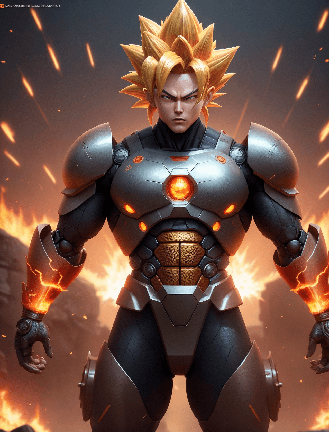 AI generated: Dragonball Z Goku transforms into Super Saiyan in incendiary display of fire enveloping bending to h...