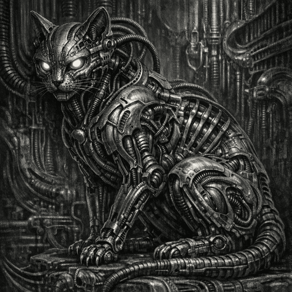 AI generated: cyborg cat, Giger style
