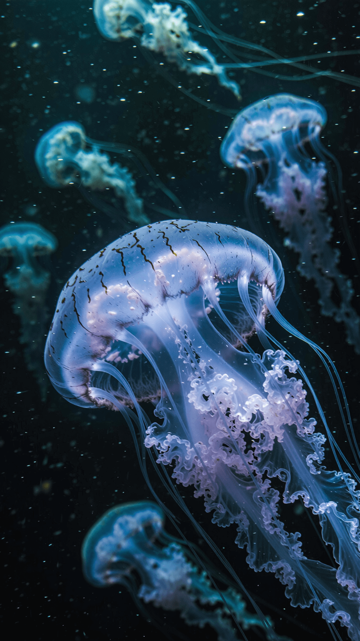 AI generated: Extreme close-up underwater night shot of bioluminescent jellyfish floating in deep dark ocean, tran...